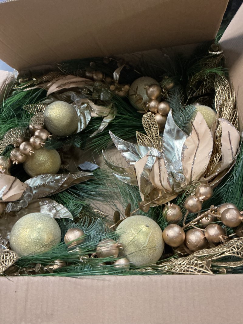 Condition photo showing Good Condition for Hollyone Poinsettia Wreath Gold Christmas Wreath Outdoor 24inch Christmas Wreaths Large for Front Door Wreaths with Poinsettia Flowers Berries Magnolia Leaves for Home Wall Window Festival Decorations