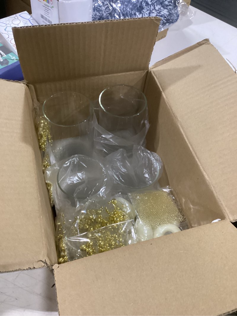 Condition photo showing Good Condition for 6 set glass cylinder vase with 8 artificial pearl string 12 white floating candle multi-size cylinder vase for centerpieces 4"+ 6" + 8" glass for wedding party table decor(6 pcs-gold)