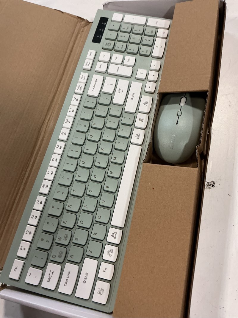 Condition photo showing Good Condition for Wireless Keyboard and Mouse Combo, Full-Sized Wireless Keyboard and Adjustable DPI Mouse, 2.4GHz USB Receiver, Silent Keyboard and Mouse for PC, Windows, MAC, Desktop, Laptop (Avocado Green)