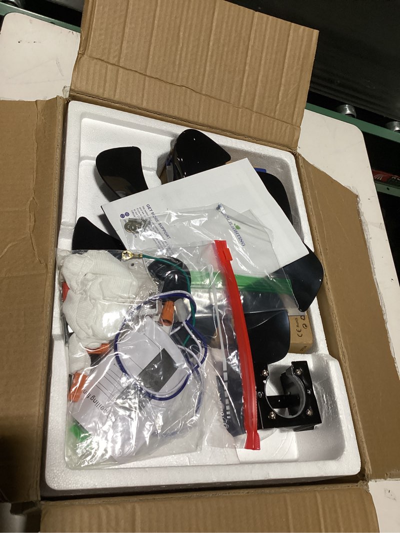 Condition photo showing As Is for DLLT Caged Ceiling Fan with Light: 20" Farmhouse Fandelier with Lights and Remote & APP - Black Rustic Semi Flush Mount Bladeless Ceiling Fans Enclosed Fan for Bedroon Kitchen Living Dining Room Black-BD 20 inches