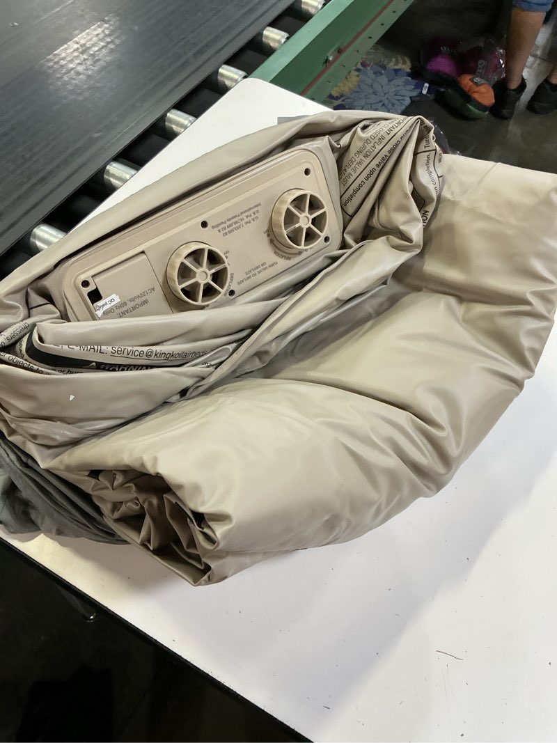 Condition photo showing As Is for king koil luxury queen size air mattress with high-speed built-in pump, blow up bed top side flocking, puncture resistant, double high inflatable airbed guests or travel 1-year warranty beige queen 16"