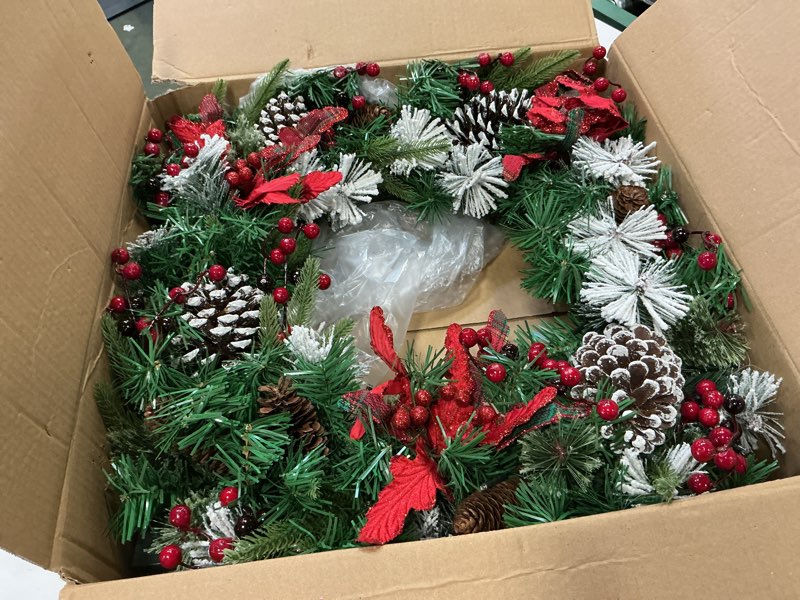 Condition photo showing As Is for (Similar design) 24\" Christmas Wreath for Front Door Artificial Hydrangea Flowers Christmas Wreaths with Red Berries Pine Cones Norfolk Pine Cedar Decor for Winter Home Porch Wall Window Indoor Outdoor Xmas Decoration Hydrangea Wreaths