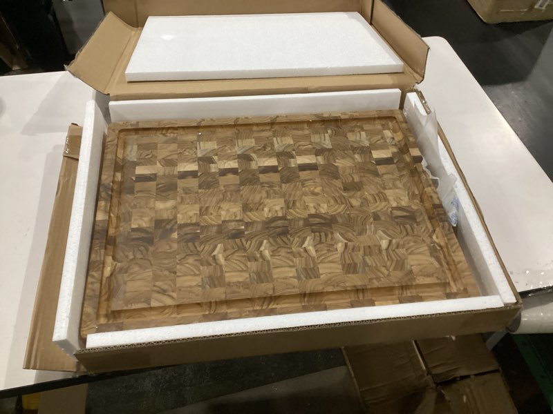Condition photo showing New/Like New for yes4all durable teak cutting boards for kitchen, [24''lx18''wx1.5” thick] extra large end grain cutting board, pre oiled wood cutting boards, thick chopping board w/juice grooves and easy grip handle teak 24"l x 18"w