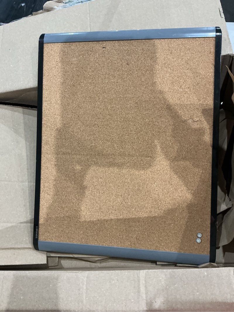 Condition photo showing Good Condition for u brands mod cork bulletin board, 16" x 20", black and gray frame, industrial grade pinning surface, includes push pins