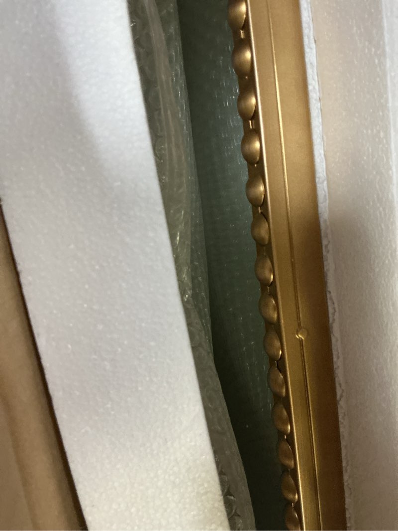 Condition photo showing Good Condition for gold oval wall mirror, 19"x32" metal beaded frame decorative mirror, cute flower bird pattern vintage scalloped hanging vanity mirror for bathroom, living room, bedroom, entryway 32"l x 19"w gold