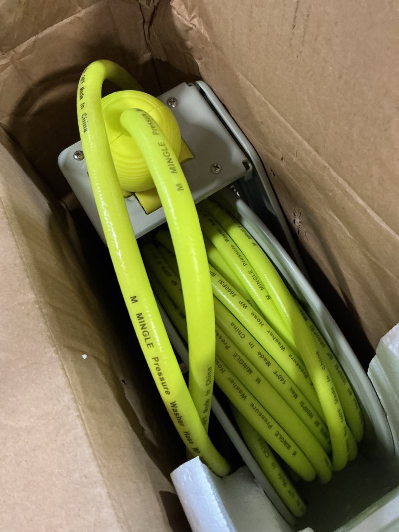 Condition photo showing Good Condition for m mingle retractable pressure washer hose reel, 1/4" × 60ft power washer hose reel, auto rewind hose reel, wall/floor mounted, 3600 psi