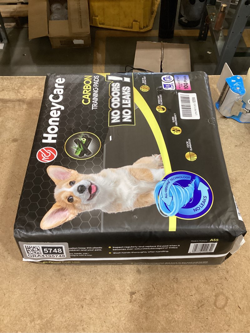 Condition photo showing New/Like New for honey care all-absorb puppy training pads | doggie potty pads absorb eliminating urine odor, ultra charcoal dog pee pad (carbon, l 22x23 inch, 100ct) large 22"x23" 100