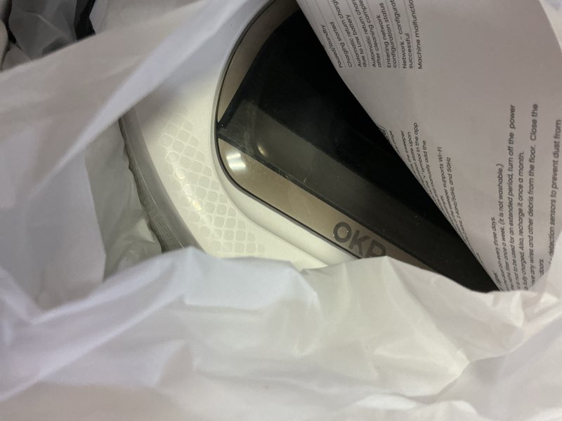 Condition photo showing Good Condition for okp life robot vacuum l6 aqua,lidar navigation, 3.7 inch super thin, 6000pa powerful suction,150 mins,quiet, self-charging robotic vacuum cleaner, 2.4g&5g wifi,cleans hard floors to carpets, white okp life l6 aqua