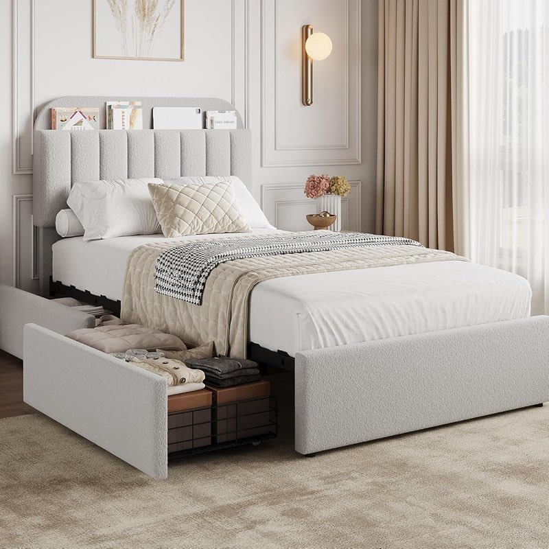 GarveeHome Twin Upholstered Bed Frame with Storage Headboard