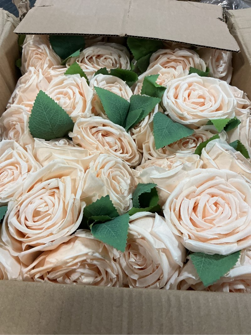 Condition photo showing As Is for Dining Table Centerpiece Set of 6 - Pre-Made Aritifial Rose with Wooden Vase Fake Floral Arrangment Faux Flower for Wedding Bridal Tea Party Event Decorations - Champagne Champagne Set of 6 Table Centerpiece