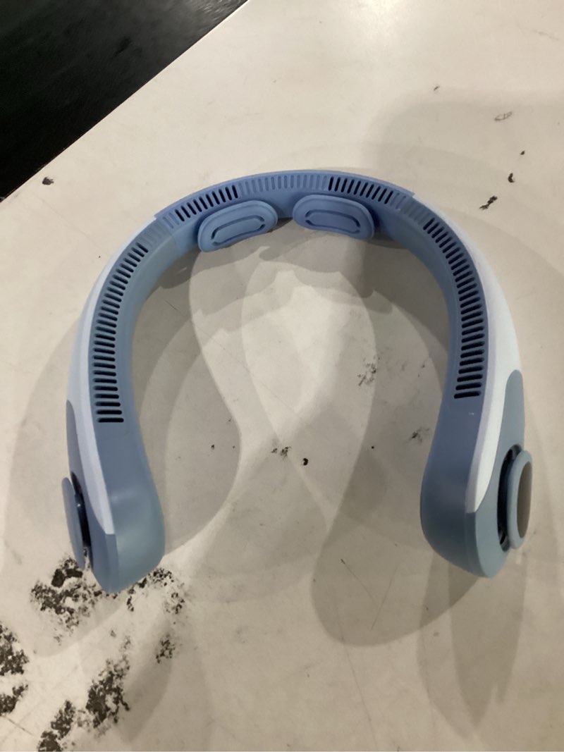 Condition photo showing Good Condition for portable neck fan that blow cold air, led display, rechargeable hands-free wearable cooling personal fan, 5 speed, neck support, bladeless neck air conditioner, gifts for women/men, hot flashes light blue