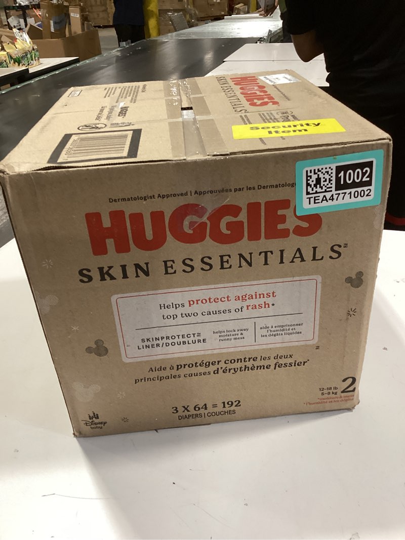 Condition photo showing New/Like New for huggies size 2 diapers, skin essentials baby diapers, size 2 (12-18 lbs), 192 count (3 packs of 64), packaging may vary size 2 192
