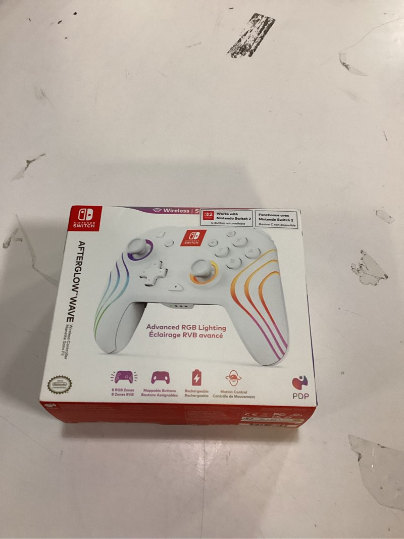 Condition photo showing New/Like New for PDP Afterglow Wave Wireless Nintendo Switch Pro Controller with Motion Controls, Fully Licensed for Switch/OLED Model, Customizable LED Lighting, 30 Foot Range, 20 Hr Rechargeable Battery Power: White