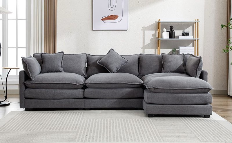 (Incomplete box 1 of 3) 112.2 L-Shape Chenille Upholstered Sofa for Living Room Modern Luxury Sofa Couch with Ottoman, 5 Pillows, Gray