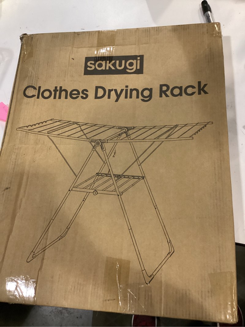 Condition photo showing New/Like New for sakugi clothes drying rack with height-adjustable wings, metal foldable laundry dryer stand for clothing & bedding, free-standing collapsible for indoor & outdoor use, 55.5" l × 22.8" w, silver blue silver & blue large (55.5"l x 22.8"w x 36.6"h)