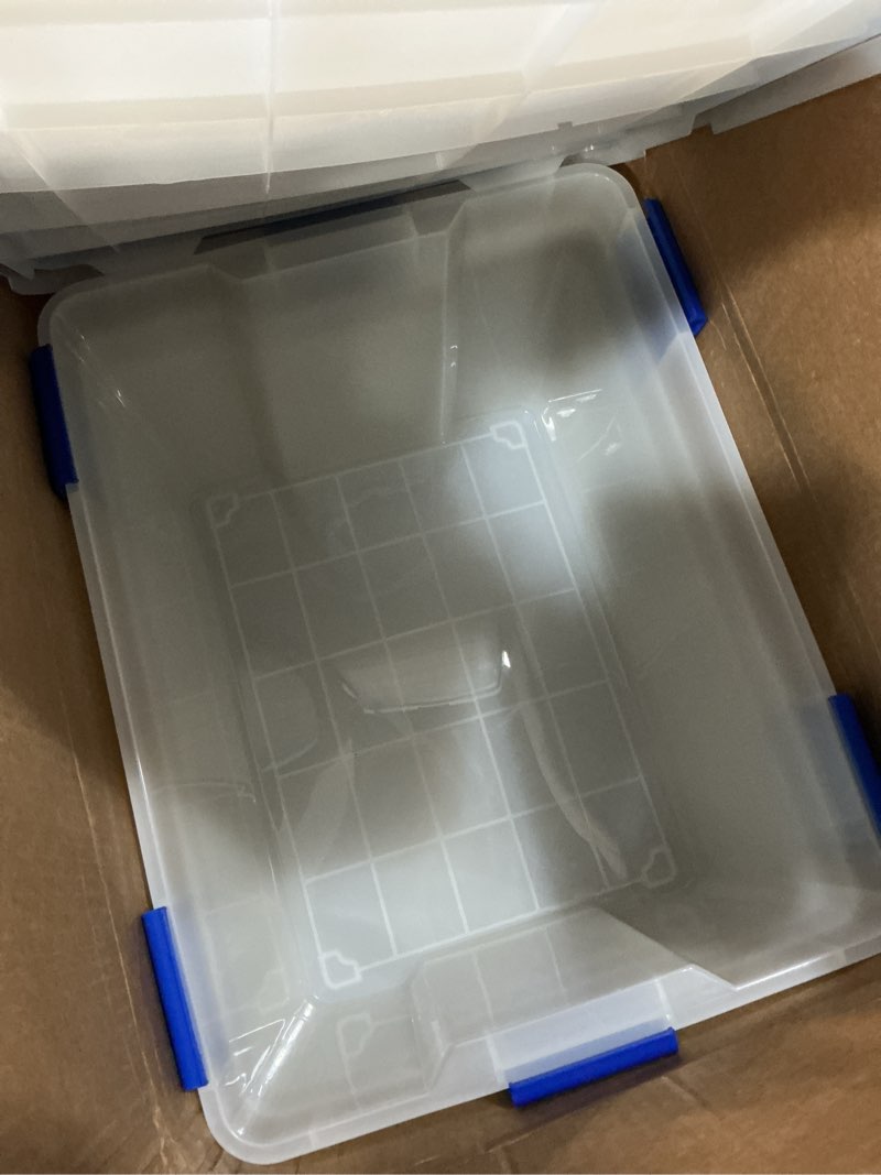 Condition photo showing Good Condition for iris usa weatherpro 74 qt storage bins with lids, 3 pack, bpa-free plastic gasket box with tight latch and seal, stackable nestable tote tub - clear/blue 74 qt. - 3 pack