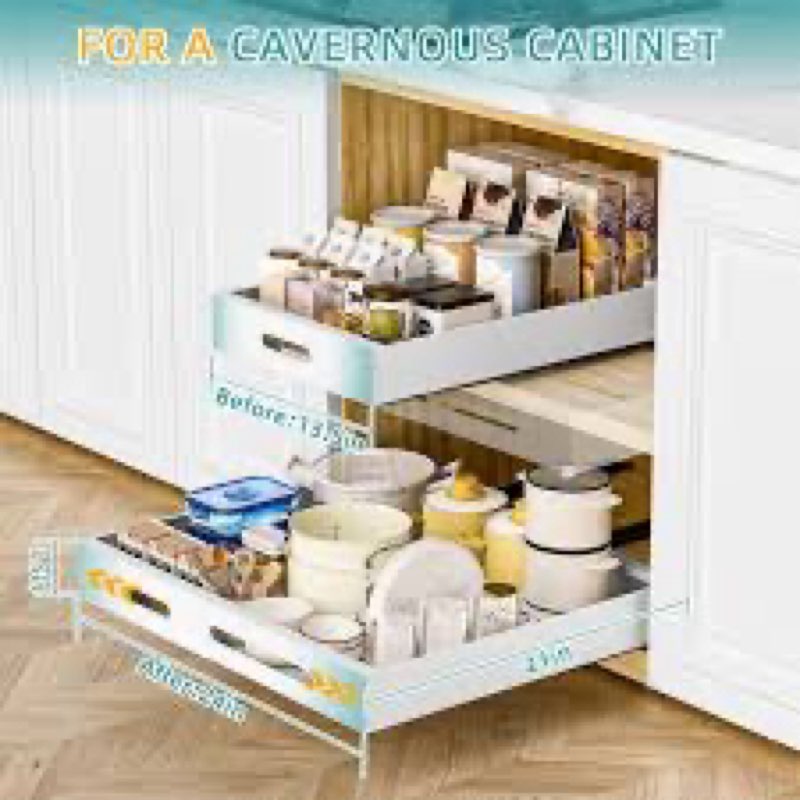 HBL' 2 Pack | 21" Deep Pull Out Cabinet Organizer Adhesive, 12-Inch Wide Sturdy Carbon Steel Roll-Ou