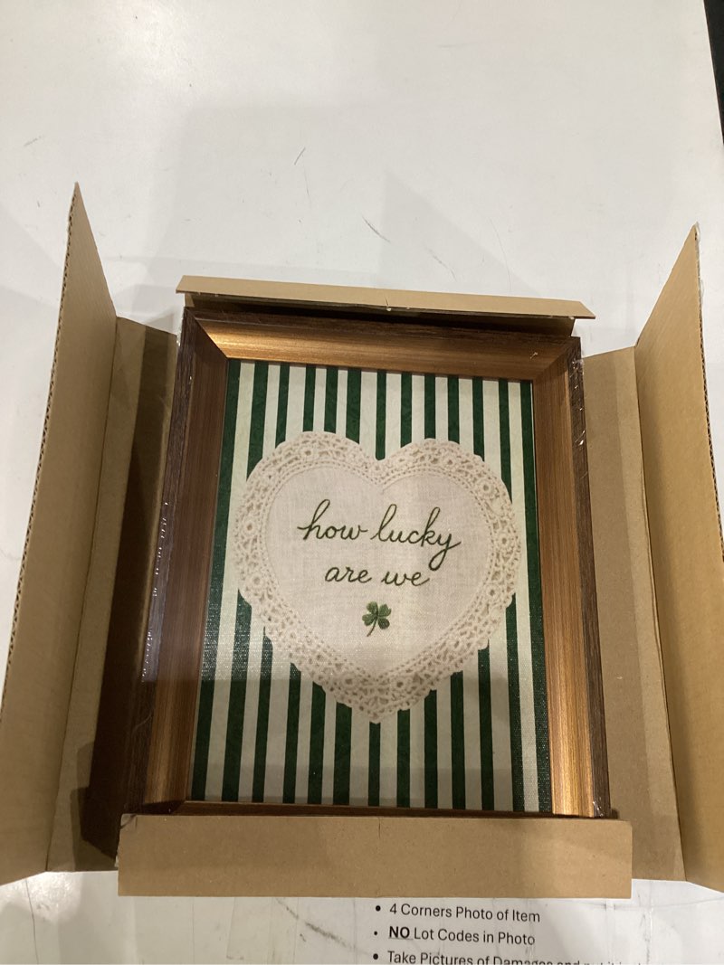 Condition photo showing Good Condition for framed how lucky are we wall art vintage inspirational quotes decor print | green striped lace heart aesthetic painting poster trendy preppy canvas picture for bedroom collage ready to hang 8x10in how lucky are we framed 10"l x 8"w