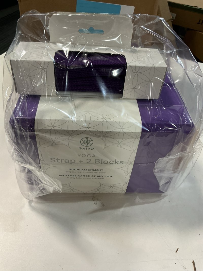Condition photo showing New/Like New for Gaiam Yoga Block - Supportive Latex-Free Eva Foam - Soft Non-Slip Surface with Beveled Edges for Yoga, Pilates, Meditation - Yoga Accessories for Stability, Balance, Deepen Stretches 2pk Block/Strap Combo 2pk Combo Deep Purple