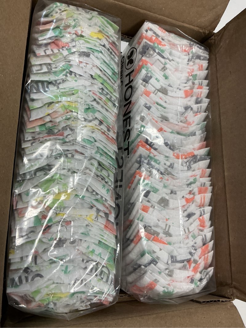Condition photo showing New/Like New for the honest company comfort dry disposable diapers for sensitive skin, hypoallergenic, barnyard babies + pattern play, super club box size 2 (12–18 lbs), 124 count size 2 (124 count) turtle time + pattern play
