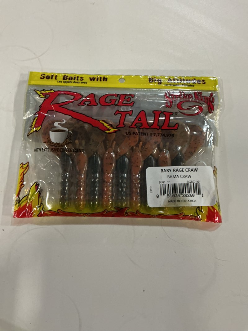 Condition photo showing New/Like New for strike king rage baby craw 3-inch fishing lure, soft plastic grub, unique design, realistic pincers, slender body, 3-inches, 9-pack