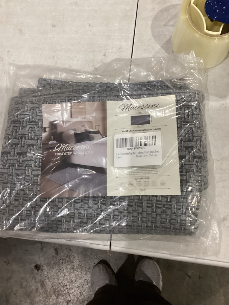 Condition photo showing New/Like New for 2' x 4' Entryway Rug, Boho Small Area Rug, Machine Washable, Woven Rug, Non-Slip, Vintage Design, Pet Friendly, Soft Faux Fibre, for Indoor Entryways, Bedroom, Kitchens, Front Doors Grey Grey 2' x 4'