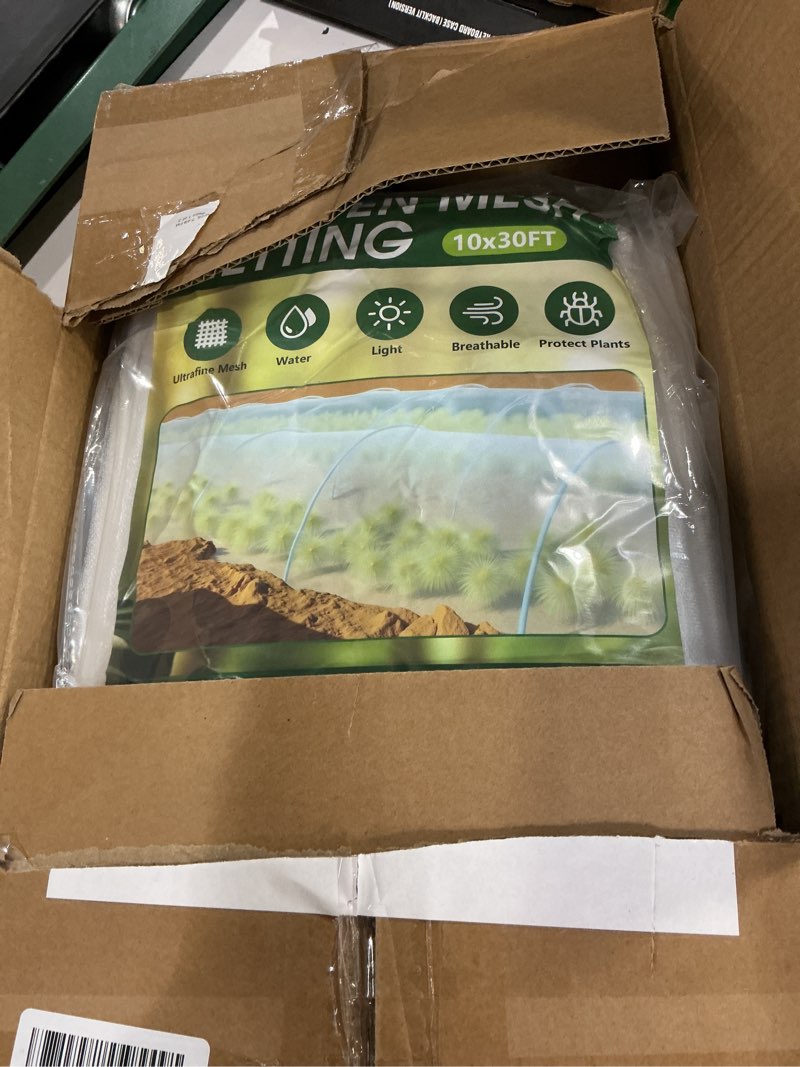 Condition photo showing New/Like New for garden netting kit for raised beds, 10x30ft ultra fine mesh netting? 6 sets of 8ft fiberglass garden hoops, row cover insect netting for vegetable plant fruit flowers protection