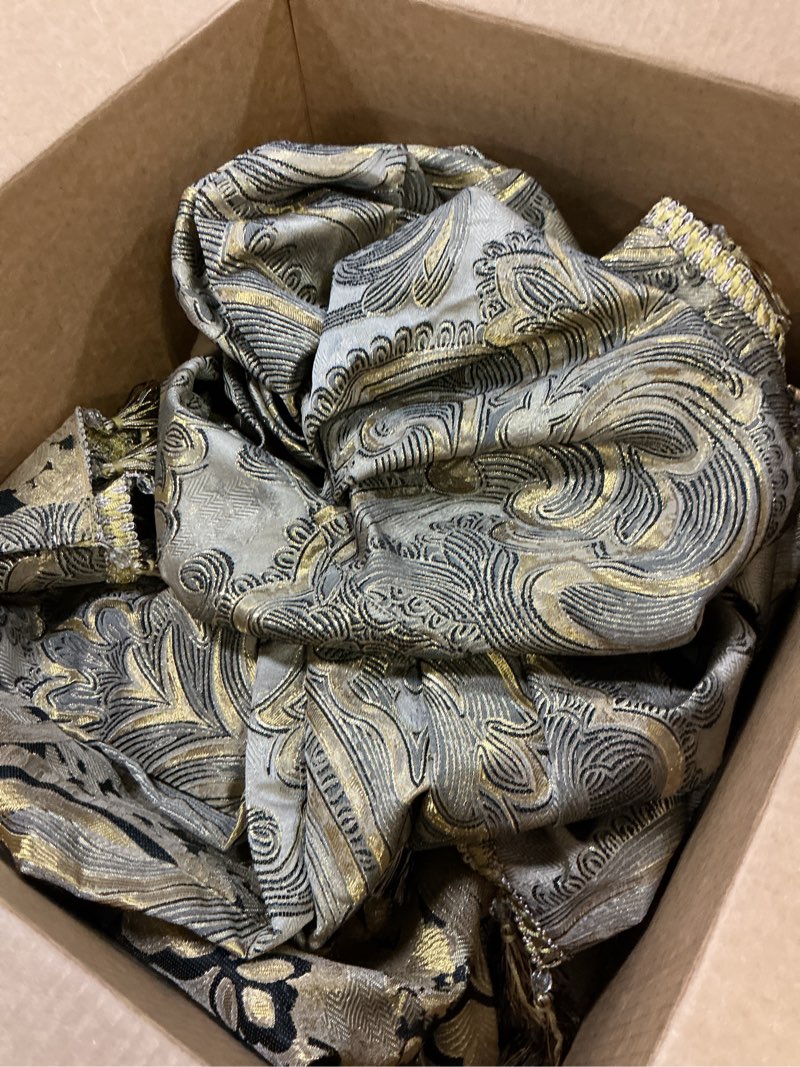 Condition photo showing As Is for Loom and Mill European Antique Waterfall Valance for Living Room, Luxury Jacquard Damask Swag Valances with Tassels, Taupe Gold Swag Curtains for Bedroom Window Holiday Decor(W59 Inch,1 Panel) Taupe Gold 59"W x 45"L (Pack of 1)