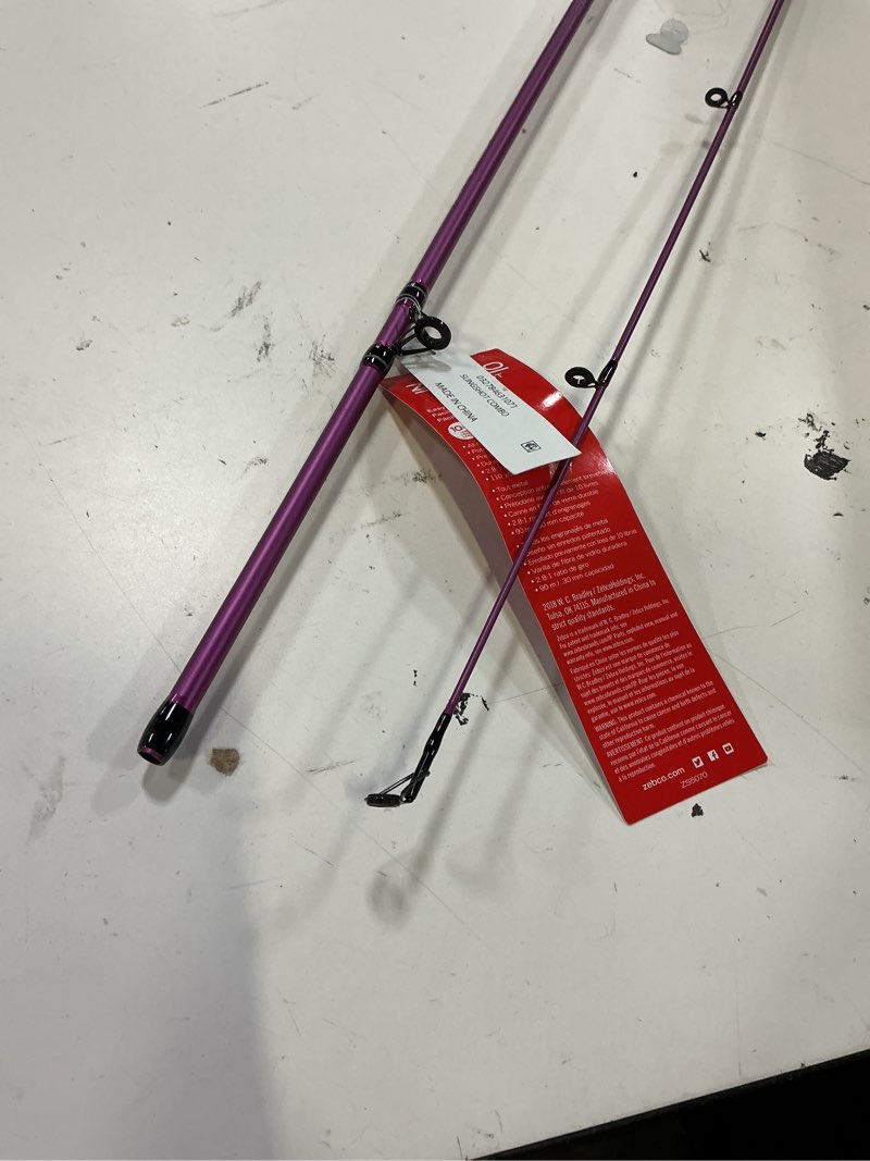 Condition photo showing Good Condition for zebco slingshot spincast reel and fishing rod combo, 2-piece fishing pole, right-hand retrieve, pre-spooled with 10-pound zebco line purple reel&fishing rod combo