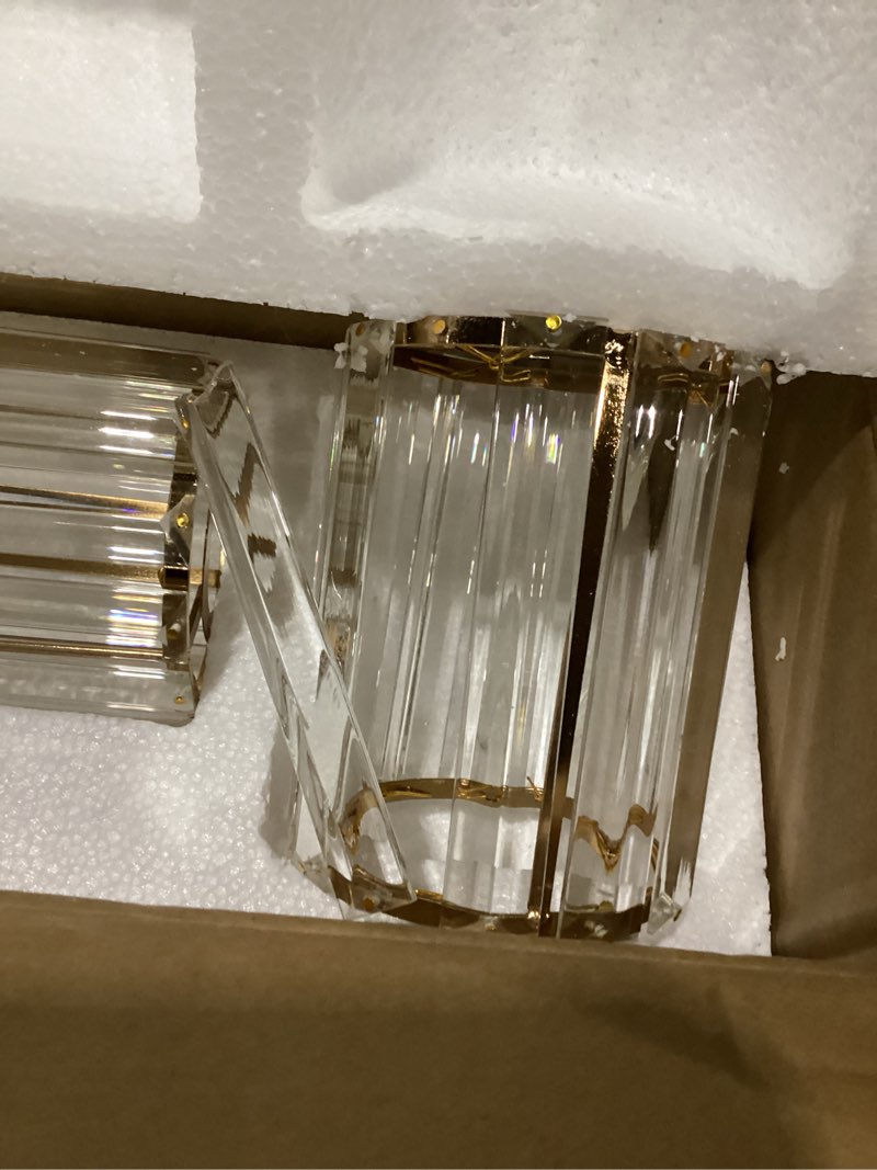 Condition photo showing As Is for modern crystal bathroom vanity light, 3-light brushed gold bathroom light fixtures with clear shades, vanity lighting fixtures over mirror (exclude bulb) brushed gold 3-light, damaged