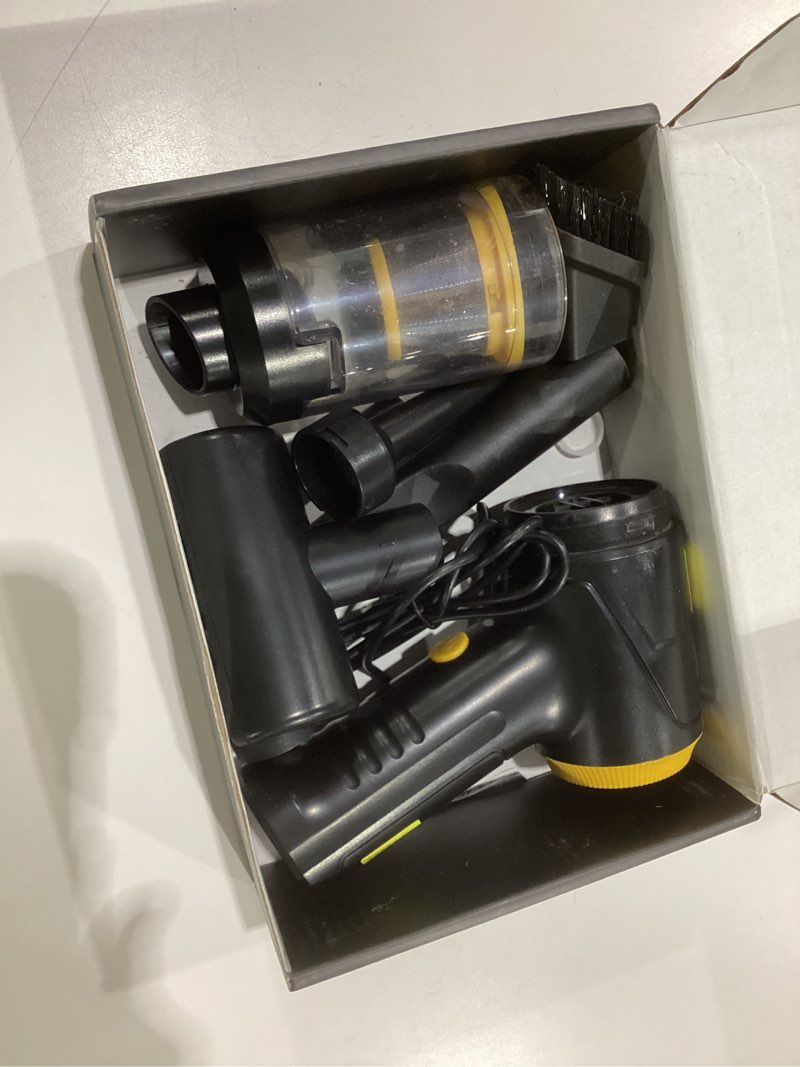 Condition photo showing As Is for Handheld Vacuum Cleaner 21000Pa Suction with Brushless Motor, 4-in-1 Portable Mini Car Vacuum with 2 Suction Modes, Cordless Vacuum with LED Light, Type-C Charge for Car, Office Desk, Keyboards Black Yellow, NOT TESTED, USED
