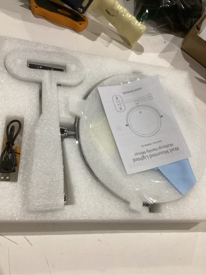 Condition photo showing As Is for FUNTOUCH Rechargeable Wall Mounted Lighted Makeup Vanity Mirror 8 Inch Double Sided 1X 30X Magnifying Bathroom Mirror, 3 Color Lighting, Touch Dimming, Extended Arm 360 Rotation Light up Mirror Black