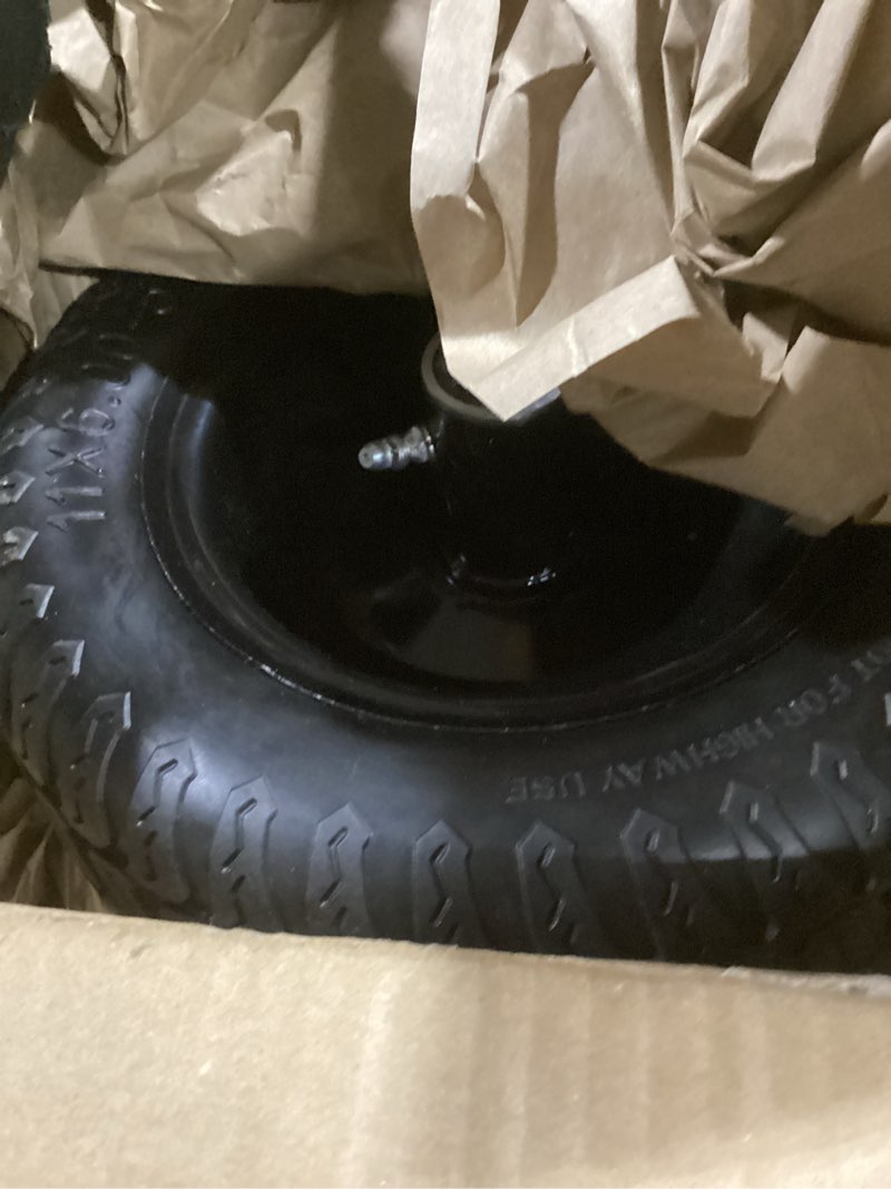Condition photo showing As Is for 11x6.00-5" flat free tires – 11x6-5 solid treaded lawn mower tires/wheel with 3/4" & 5/8" bearings, 6"-8" centered hub – fits bad boy, cub cadet, zero turn mower, riding lawn mower, 2 pack 11x6.00-5.0