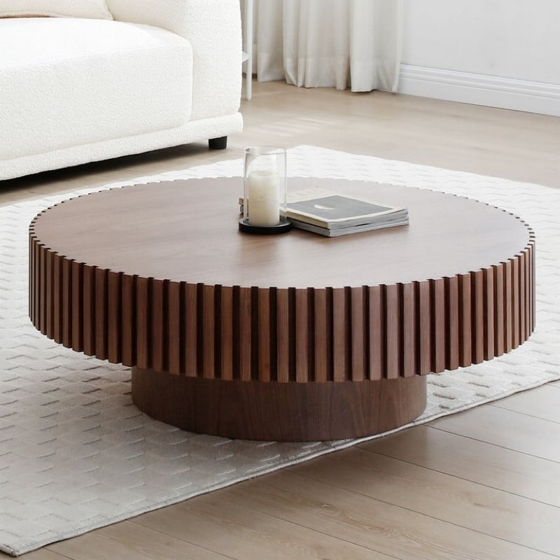 Kevinplus 31.49'' Modern Round Small Coffee Table with Sturdy Pedestal for Apartment, Living Room, Walnut