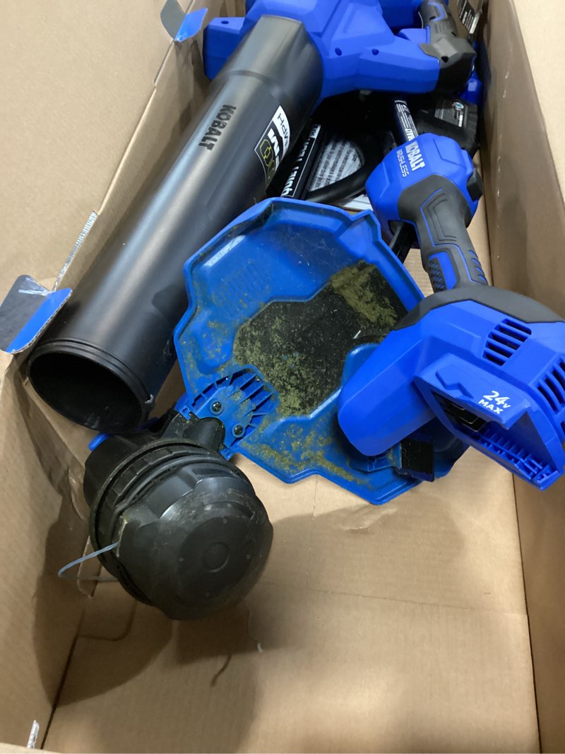 Condition photo showing As Is for 40v weed wacker & leaf blower, wheeled edger kit electric with 2ah battery & charger, string trimmer, lightweight, adjustable telescopic shaft, easy to use and convert