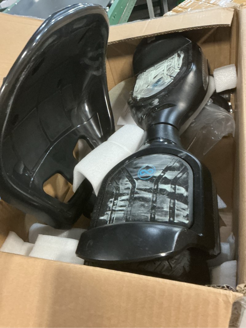 Condition photo showing As Is for gyroor scooter with adjustable seat attachment, 6.5" all-terrain self balancing scooter, led lights & bluetooth for kids and adults, black
