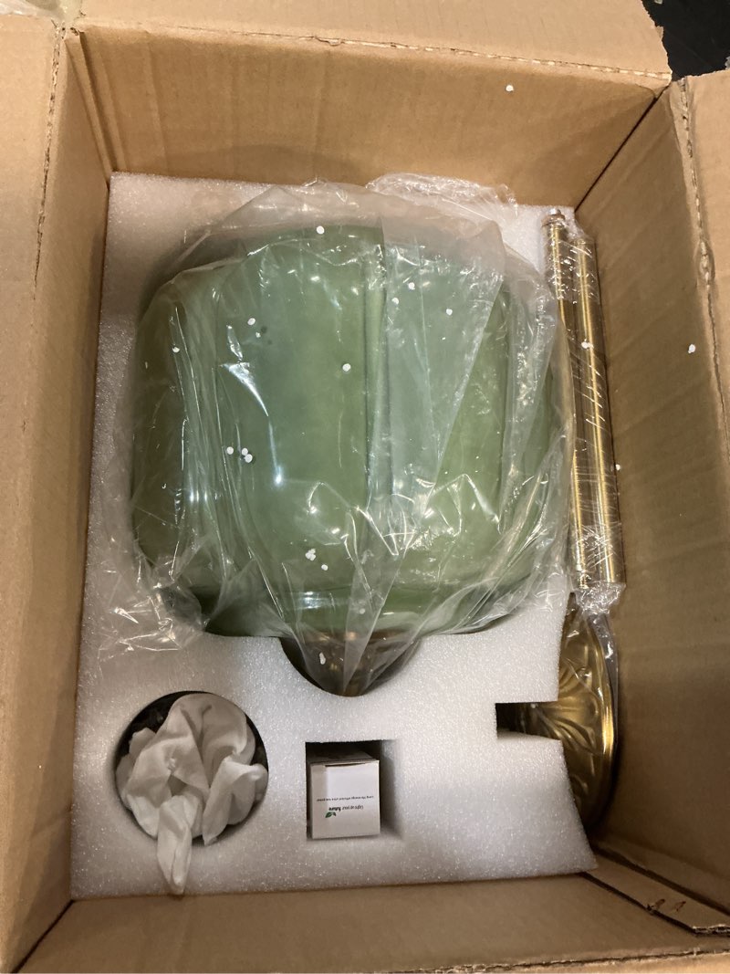 Condition photo showing New/Like New for 9in Green Milk Glass Ceiling Light Fixture, LED Bulb Included, Vintage Semi Flush Mount Pendant Light Antique Brass Mid Century Art Deco Chandelier for Kitchen Dining Room Hallway Bedroom Green 9in