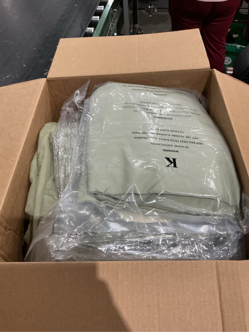 Condition photo showing As Is for monbix king size comforter set - 7 pieces bed in a bag king, light sage green bedding sets with comforter, all seasons comforter bed set with sheets, pillowcases & shams light sage green king(102"x90")
