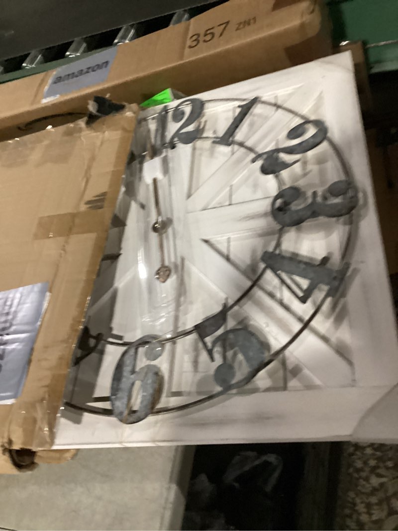 Condition photo showing Good Condition for Large Farmhouse Wall Clock – 24 Inch White Square Rustic Wooden Clock with Decorative Reversible Wooden Sign, Perfect for Any Space and Ideal Gift White 24 Inch