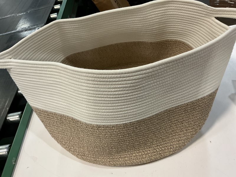 Condition photo showing Good Condition for Throw Blanket Basket for Living Room, Extra Large Cotton Rope Basket for Storage, Woven Laundry Towel Hamper with Handles, Baby Toy Storage, 22" x 22" x 14" Pillow Bin B-White & Brown