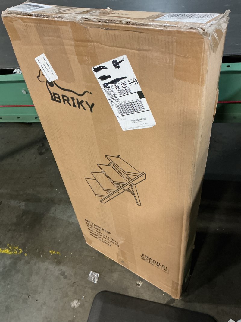 Condition photo showing New/Like New for briky 19.5" h dog stairs for small dogs, non-silp wooden dog steps for bed and couch, foldable 3-step pet stairs for medium dogs and old cats, no assembly required 27.6" l x 18.5" w x 19.5" h - 3 steps