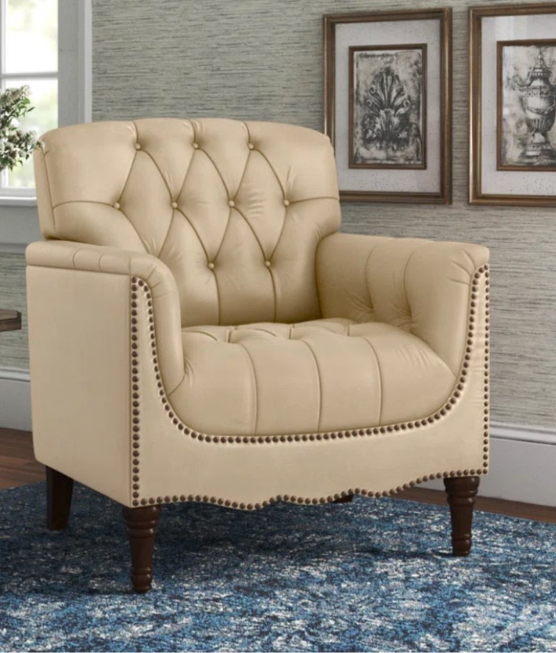Annja 32" W Tufted Genuine Leather Armchair, Beige