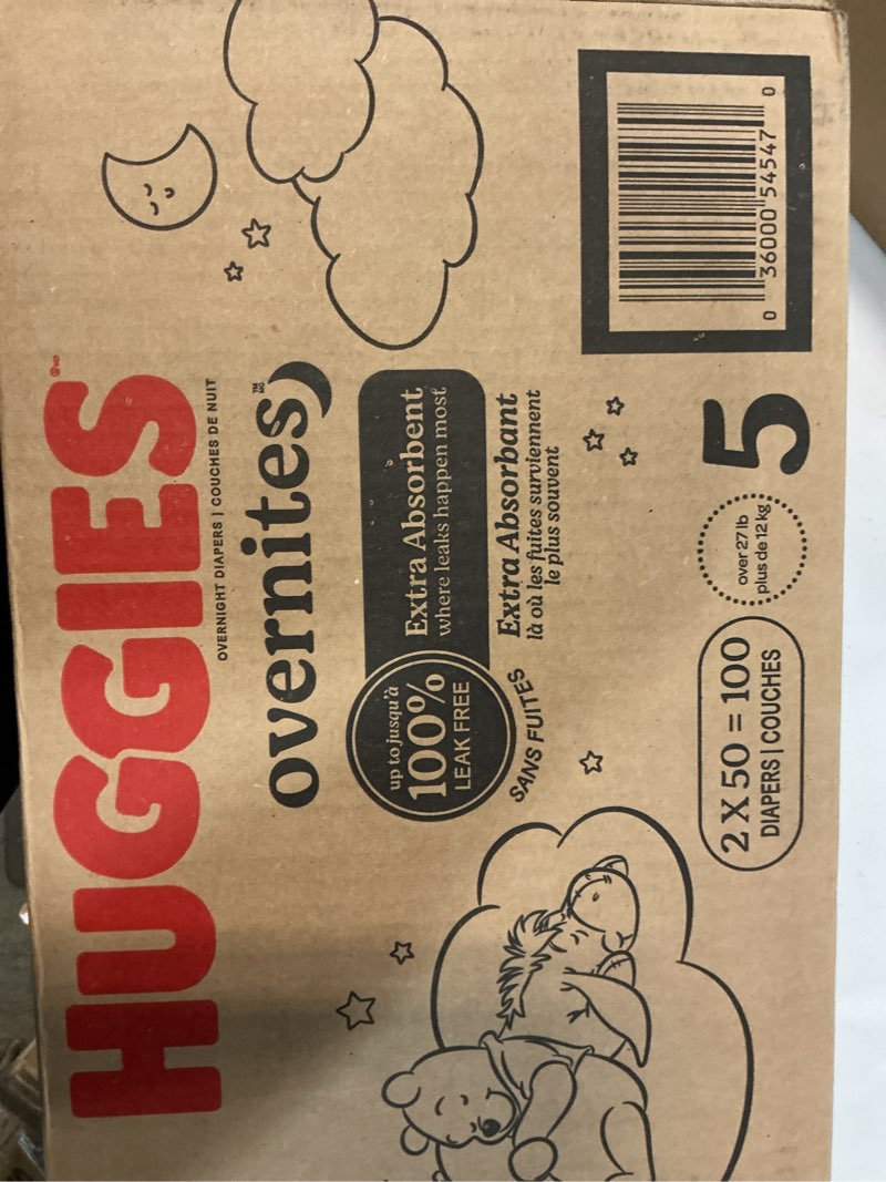 Condition photo showing New/Like New for huggies size 5 overnites baby diapers: overnight diapers, size 5 (27+ lbs), 100 ct (2 packs of 50), packaging may vary size 5 100