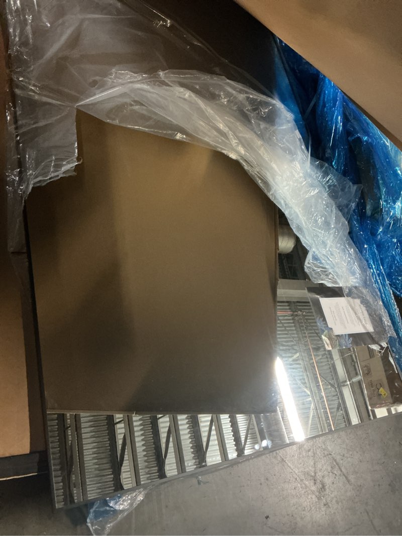 Condition photo showing As Is for Large Mirror Full Length 72"X44", Oversized Floor Mirror with Stand, Black Free Standing Mirror Full Length for Gym Bedroom Living Room, Hanging or Wall Mounted, Shatterproof Tempered Glass Black 72"L x 44"W