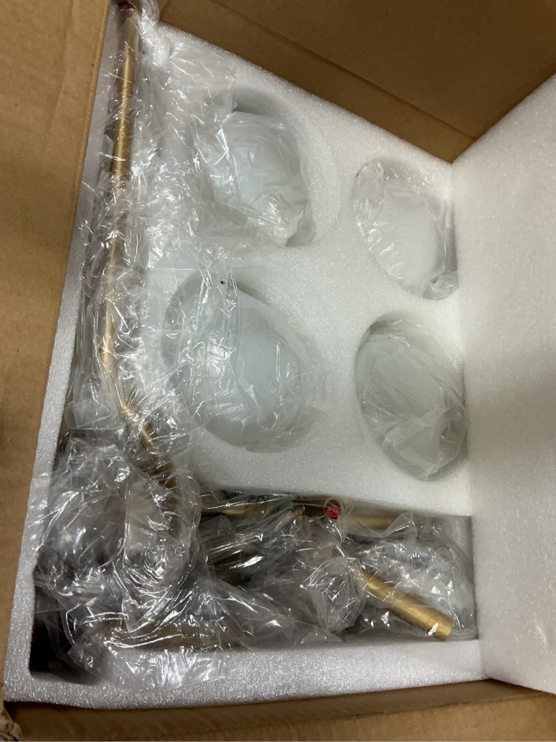 Condition photo showing Good Condition for catiner 4 lights modern gold sputnik chandelier, l31 '' large mid century long ceiling pendant light fixtures with milk glass globe shades for high ceiling living room foyer dining room bedroom gold milk glass 4-globe