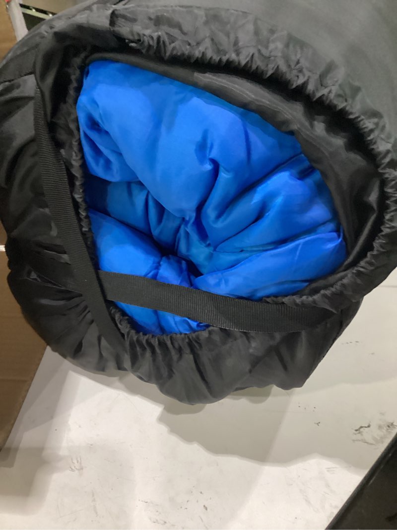 Condition photo showing As Is for newbulig double sleeping bag for adults with 2 pillows, xl waterproof lightweight machine washable sleep bag cold weather, 3-season for camping/hiking/backpacking, 2-in-1 zipper converts to 2 singles blue 90.6×61 in