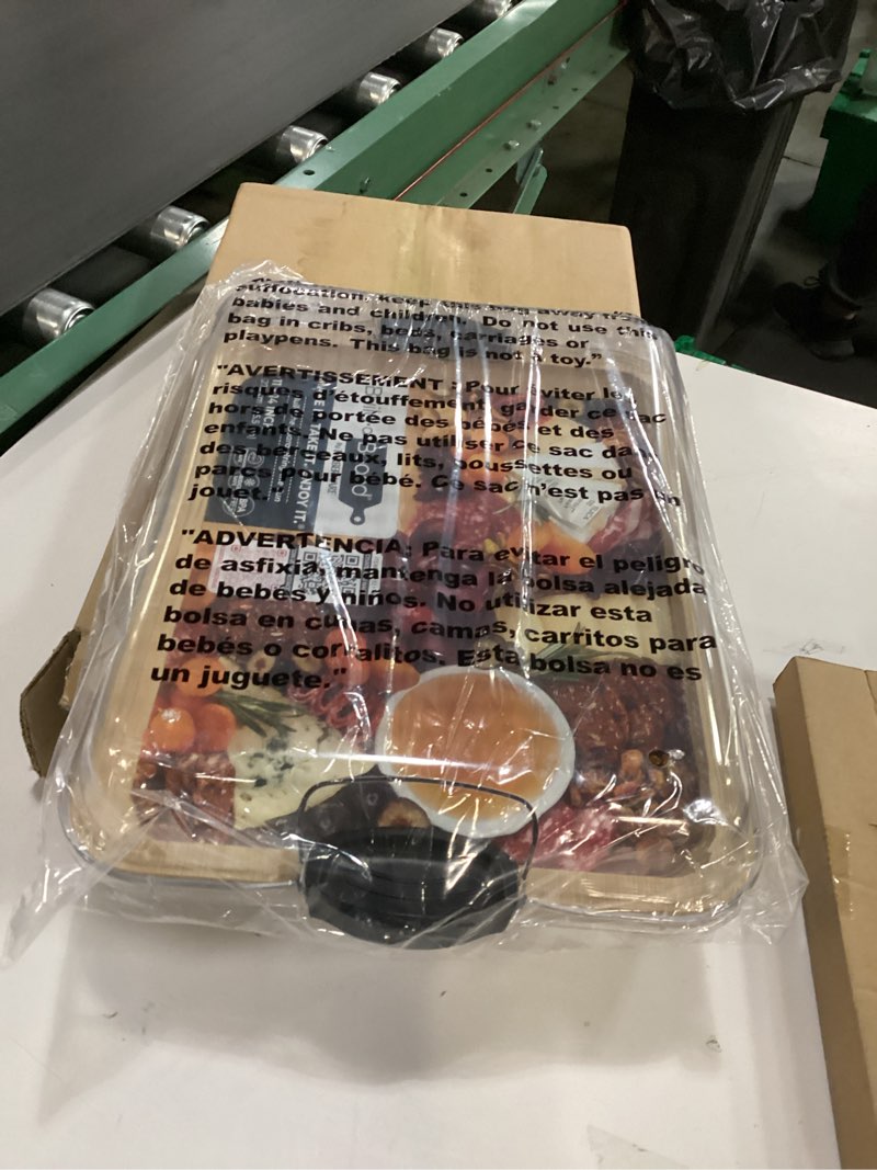 Condition photo showing New/Like New for Farberware Build-A-Board Bamboo Cutting Board with Single Storage Compartment, Clear Locking Lid, Black Handles, Perfect for Charcuterie & Snacks Black 1 Compartment