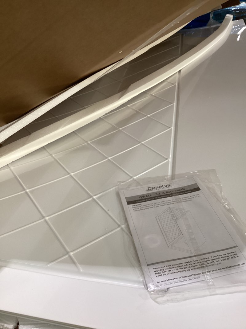 Condition photo showing As Is for DreamLine 38 in. x 38 in. x 76 3/4 in. H Neo-Angle Shower Base and QWALL-4 Acrylic Corner Backwall Kit in White, DL-6045C-01 White 38\" W x 38\" D Walls + Neo-Angle Base, CRACKED