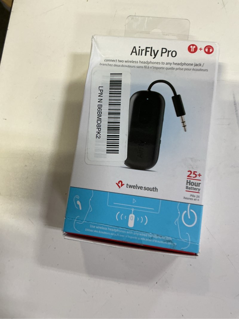Condition photo showing New/Like New for twelve south airfly pro bluetooth wireless audio transmitter/receiver for up to 2 airpods/wireless headphones; use with any 3.5 mm audio jack, black airfly pro black