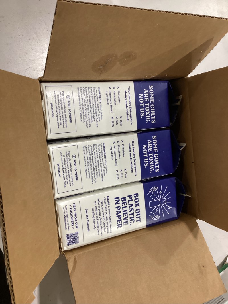 Condition photo showing New/Like New for **pack of 3**concentrated liquid laundry detergent soap, 64 loads (32 oz), 90% less plastic, no harsh chemicals, wild lavender, defeats stains & odors, eco-friendly, he/standard compatible